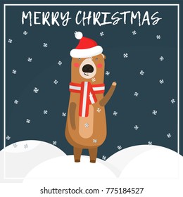 Winter holidays greeting card with cute european brown bear in christmas hat. Happy New Year or Merry Christmas square banner with cartoon bear character and snowflakes, kids celebrating background