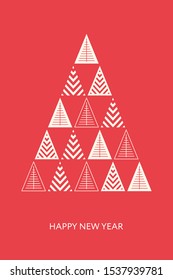 Winter holidays greeting card with decorative geometric Christmas tree. Merry Christmas and Happy New Year. Elegant template for postcards, invitations, banners. Vector illustration. EPS 10