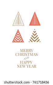 Winter Holidays Greeting Card With Decorative Geometric Christmas Trees. Merry Christmas And Happy New Year. Elegant Template For Postcards, Invitations, Banners. Vector Illustration. EPS 10