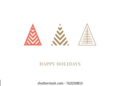 Winter holidays greeting card with decorative geometric Christmas trees. Merry Christmas and Happy New Year. Elegant template for postcards, invitations, banners. Vector illustration. EPS 10