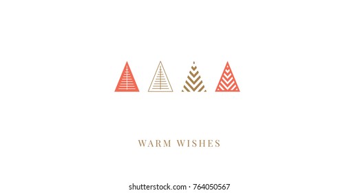 Winter holidays greeting card with decorative geometric Christmas trees. Merry Christmas and Happy New Year. Elegant template for postcards, invitations, banners. Vector illustration. EPS 10