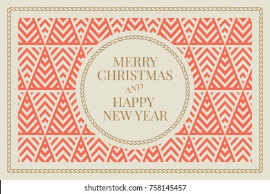 Winter holidays greeting card with geometric pattern background. Merry Christmas and Happy New Year. Elegant template for postcards, invitations, banners. Vector illustration. EPS 10