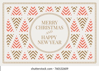 Winter holidays greeting card with geometric pattern background. Merry Christmas and Happy New Year. Elegant template for postcards, invitations, posters, banners. Vector illustration. EPS 10