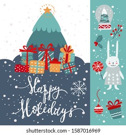 Winter Holidays greeting card with gift boxes and insscription. Vector illustration
