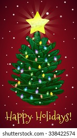 Winter holidays greeting card with green pine cone decorated like a Christmas tree. Vector illustration