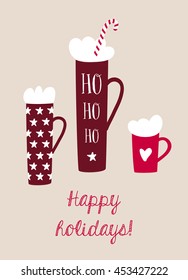 Winter holidays greeting card with hot chocolate and marshmallow mugs. Festive vector illustration.