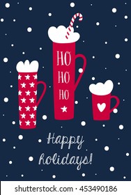 Winter holidays greeting card with hot chocolate and marshmallow mugs on dark background. Festive vector illustration.