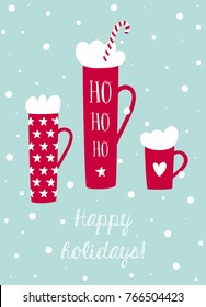 Winter holidays greeting card with hot chocolate and marshmallow