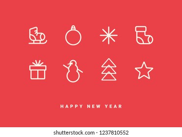 Winter holidays greeting card with line icons. Merry Christmas and Happy New Year decoration. Modern design template for postcards, flyers, invitations, posters, banners. Vector illustration. EPS 10