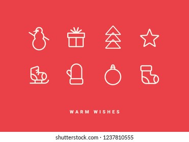 Winter holidays greeting card with line icons. Merry Christmas and Happy New Year decoration. Modern design template for postcards, flyers, invitations, posters, banners. Vector illustration. EPS 10