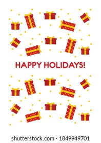 Winter holidays greeting card. Pattern with present boxes with ribbons.