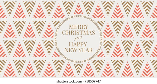 Winter holidays greeting card with seamless geometric pattern background. Merry Christmas and Happy New Year. Elegant template for postcards, invitations, banners. Vector illustration. EPS 10
