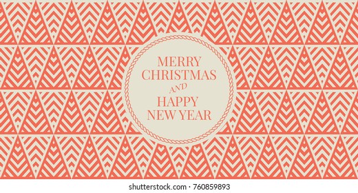 Winter holidays greeting card with seamless geometric pattern background. Merry Christmas and Happy New Year. Elegant template for postcards, invitations, banners. Vector illustration. EPS 10
