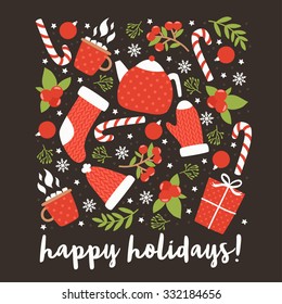 winter holidays greeting card with teapots, socks, mittens, snowflakes and branches on dark background. winter holidays greeting card template