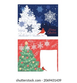 Winter holidays greeting card template with snow landscapes, Christmas tree and cardinal bird