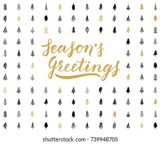 Winter holidays greeting card template. New Year lettering with trees background, vector illustration.