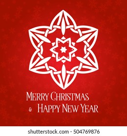 Winter Holidays greeting card vector template with snowflake in Celtic knot style. Christmas & New Year vector decoration design for wallpaper, wrapping paper, poster. Geometric Backdrop. Sample text
