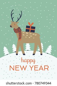 a winter holidays greeting card; a vector illustration with cute cartoon animal; Happy New Year background with a Christmas deer; flat design postcard