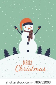 a winter holidays greeting card; a vector illustration with cute cartoon character snowman; Merry Christmas background with a Snowman; flat design postcard