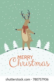 a winter holidays greeting card; a vector illustration with cute cartoon animal; Merry Christmas background with a Christmas deer; flat design postcard