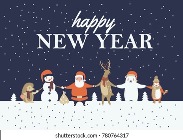 a winter holidays greeting card; a vector illustration with cute cartoon animals; Happy New Year background with a Christmas Polar Bear, Penguin, Santa Claus, Deer, Snowman, Hedgehog; flat design