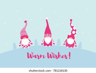 a winter holidays greeting card; a vector illustration with cute cartoon character of a gnome; festive holidays background with a Christmas Polar Bear; flat design postcard