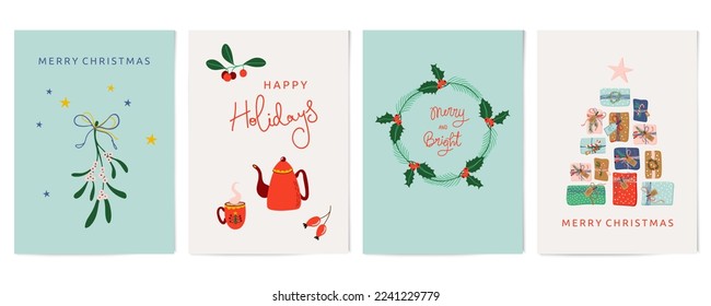 Winter holidays greeting cards. Christmas and New Year congratulations. Bundle of vector hand drawn illustrations.