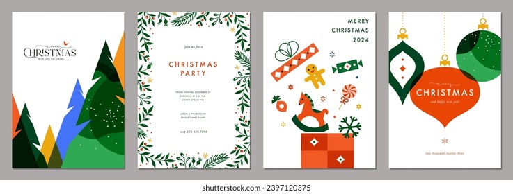 Winter holidays greeting cards with Christmas Trees, floral decorative frame, gift box, Christmas ornaments and typographic design. Modern artistic templates.