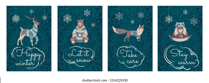Winter holidays greeting cards collection, set of seasonal poster design template with cute forest animals wearing clothes, printable retro vector illustration.