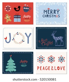 Winter Holidays Greeting Cards Collection. Merry Christmas, Joy, Happy Holidays, Peace And Love. Vector Illustration.