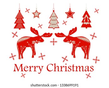 Winter holidays greeting cards in Scandinavian folk style. Deer, elk, bear, Christmas trees. Vector illustration - Vector graphics