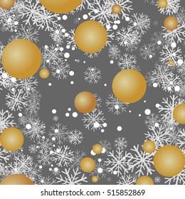 Winter holidays grey background. Greeting card in creative modern style with snowflakes and golden circles, round 3D shapes