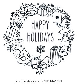 Doodle dibujado a mano de vacaciones de invierno con tarjeta de saludo de corona. Sombrero de Papá Noel, árbol de Navidad, reno, muñeco de nieve, copos de nieve, regalos, decoraciones, caramelos y caramelos.