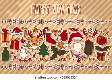 Winter holidays hand drawn doodle elements and Happy New Year greetings over vintage textured brown background.