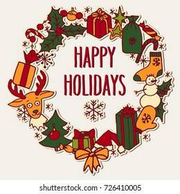 Winter holidays hand drawn doodle vector wreath with greetings. Santa hat, Christmas tree, reindeer, snowman, snowflakes, gifts, decorations, holly, candies, sock, stars greeting card.