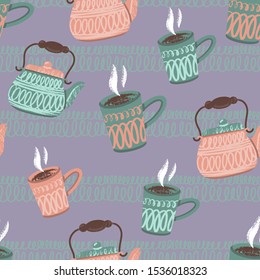Winter holidays hand drawn seamless vector pattern with kettles and cups. Tea time background for fabric, kitchen wallpapers, gift wrapping paper, scrapbooking.
