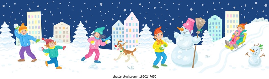 Winter holidays. Happy children walk and play in the winter city. Banner in cartoon style. On a dark blue background. Vector flat illustration