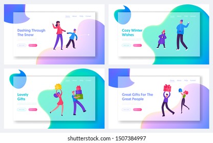 Winter Holidays Happy Family Leisure and Outdoors Activities, People with Presents Website Landing Page. Snowball Fight, Christmas and New Year Gifts Web Page Banner. Cartoon Flat Vector Illustration