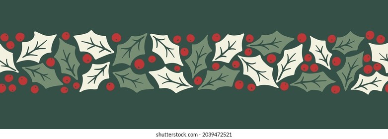 Winter Holidays Holly Foliage and Berries Vector Seamless Horizontal Pattern Border. Modern Christmas Background. Colorful Minimal Hand-Drawn Print.