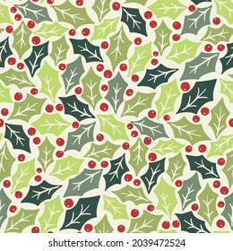 Winter Holidays Holly Foliage and Berries Vector Seamless Pattern. Modern Christmas Background. Colorful Minimal Hand-Drawn Print.