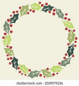 Winter Holidays Holly Foliage and Berries Round Vector Frame. Modern Christmas Background. Colorful Minimal Hand-Drawn Print.