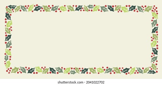 Winter Holidays Holly Foliage and Berries Vector Rectangular Frame. Modern Christmas Background. Colorful Minimal Hand-Drawn Print.