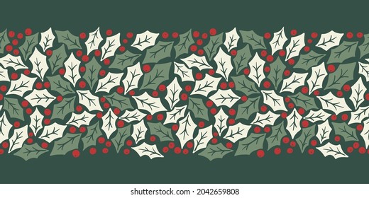 Winter Holidays Holly Foliage and Berries Vector Seamless Horizontal Pattern Border. Modern Christmas Background. Colorful Minimal Hand-Drawn Print.