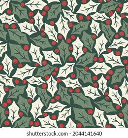 Winterferien, Holly Foliage und Berries Vektor-nahtlose Muster. Moderner Weihnachtshintergrund. Farbenfrohe Minimal handgezeichnet Druck.