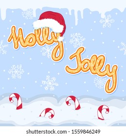 winter holidays holly jolly gold slogan, new year and christmas greeting seamless banner with snow flakes, santa hat and candy cane on blue background, editable vector illustration