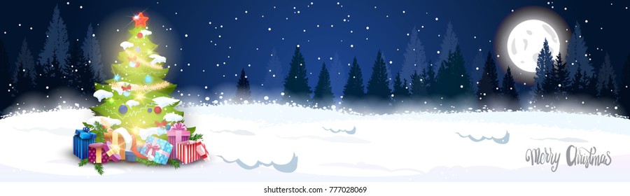 Winter Holidays Horizontal Banner Merry Christmas Lettering Over Decorated Pine Tree On Night Forest Landscape Flat Vector Illustration