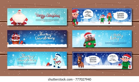 Winter Holidays Horizontal Banners With Cartoon Characters Merry Christmas And Happy New Year Cards Flat Vector Illustration