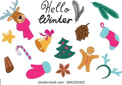 Winter holidays icons set - flat style images for winter, Christmas and New Year holidays. Bell, cone, fir branch, sock, gingerbread man, candy, deer, cinnamon,lettering Hello Winter.
