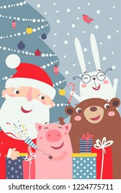 Winter holidays illustration with Christmas tree, Santa Claus and animals. Hand drawn seasonal illustration in vector. Symbol of the year in the Chinese calendar.  