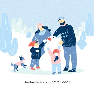 Winter holidays illustration with modern design people, Merry Christmas, Happy New Year. Family with children making snowman in snow city park. Outdoor activity for xmas season.